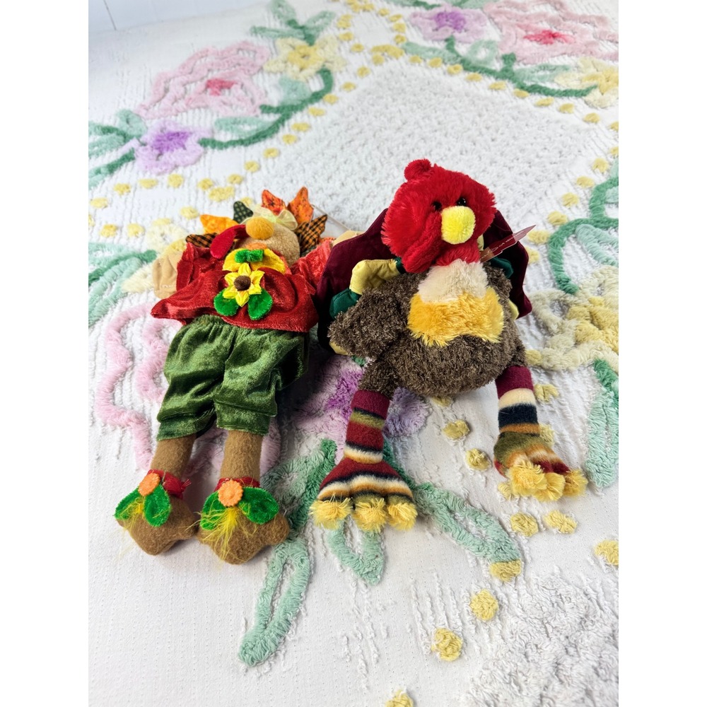 Vintage Thanksgiving Plush Turkey Duo March of Dimes & Sunflower Decor Set